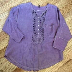 Wrap Linen Tunic blouse Top Womens 12 Purple Lagenlook Bohemian Artsy beaded